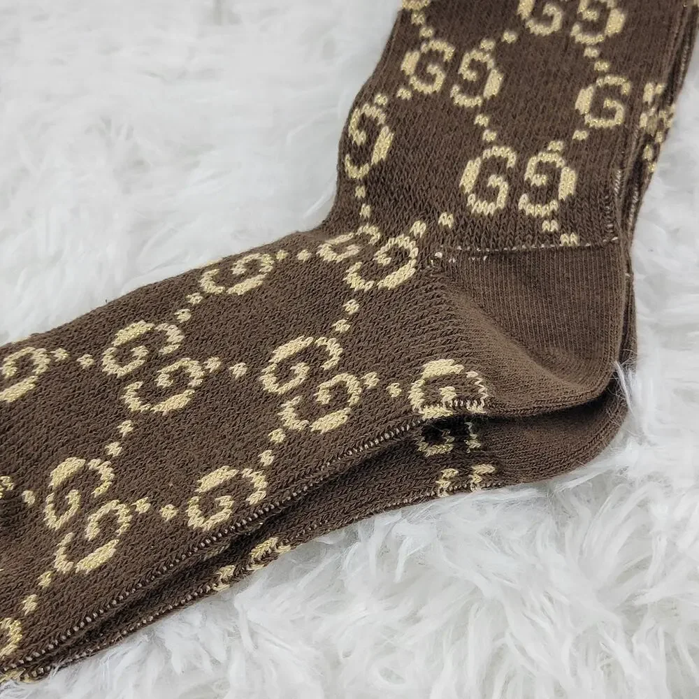 Gucci Crew Socks Unisex GG Logo Metallic 100% Authentic Brown Beige Luxury New